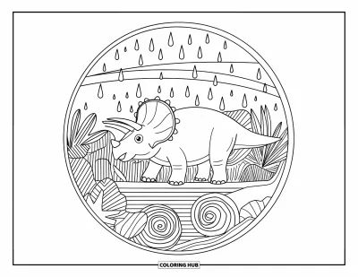 Coloriage de tricératops pour adultes : Un tricératops se tient entouré de spirales végétales et de gouttes de pluie dispersées