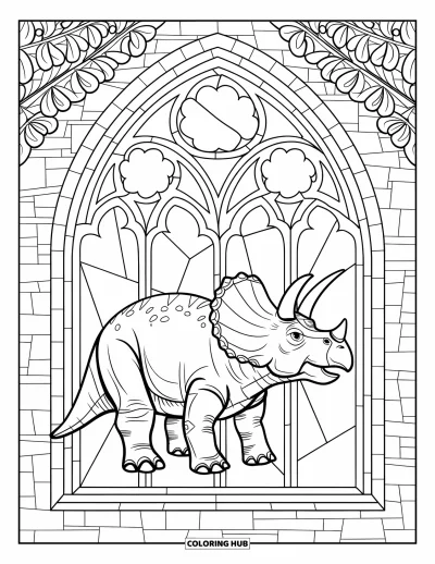 Coloriage de tricératops pour adultes : Un tricératops se dresse dans une arche de vitrail avec de la pierre sculptée et des motifs de feuilles