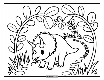 Coloriage de tricératops pour adultes : Un tricératops se promène sous une arche florale féerique le long d'un chemin de pierres sinueux