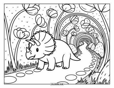 Coloriage de tricératops pour adultes : Un tricératops marche sous des arches florales ludiques avec de l'herbe et des galets alentour