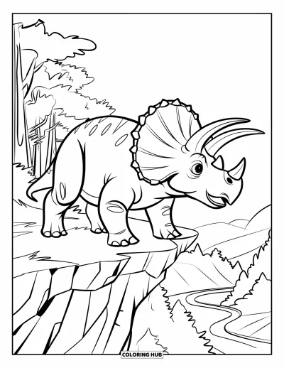 Coloriage de tricératops pour enfants : Un tricératops audacieux surplombe une vallée avec des arbres texturés et un chemin sinueux