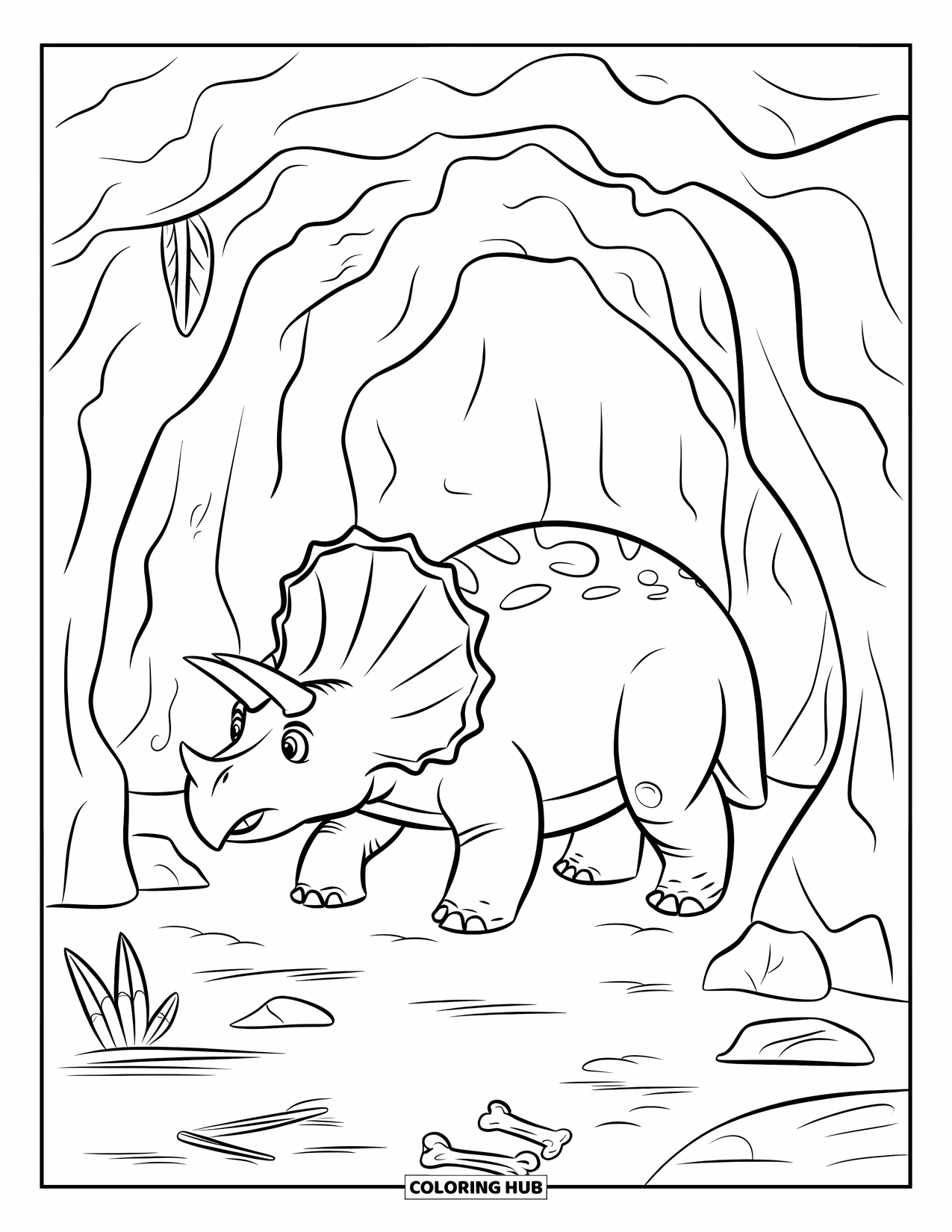 Triceratops Coloring Page for Kids: A calm triceratops rests inside a quiet fossil-filled cave