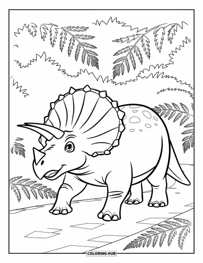 Coloriage de tricératops pour enfants : Un tricératops joyeux explore un sentier feuillu avec des fougères et des vues sur la forêt