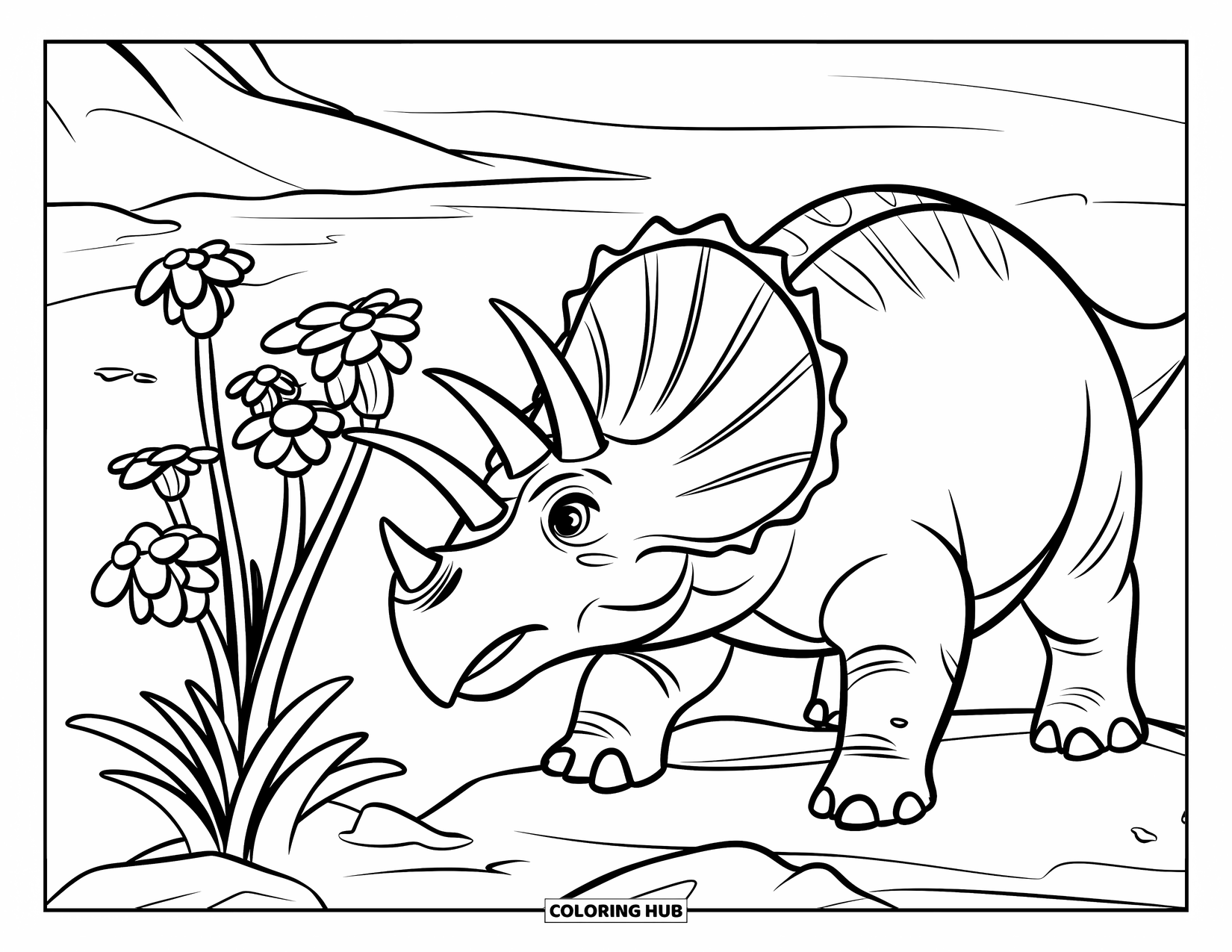 Triceratops Coloring Page for Kids: A cheerful triceratops leans in to smell curved, blooming flowers on rocky ground