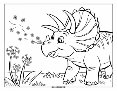 Coloriage de tricératops pour enfants : Un tricératops joyeux souffle sur une boule de pissenlit dans un champ herbeux