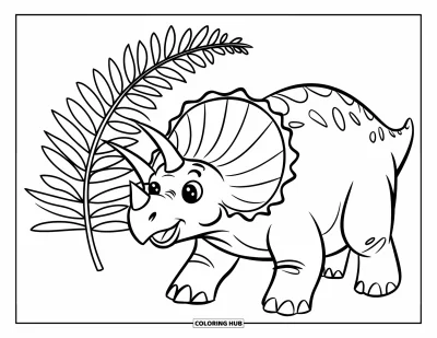 Coloriage de tricératops pour enfants : Un tricératops joyeux se tient près d'une feuille de fougère avec un joyeux mouvement de queue