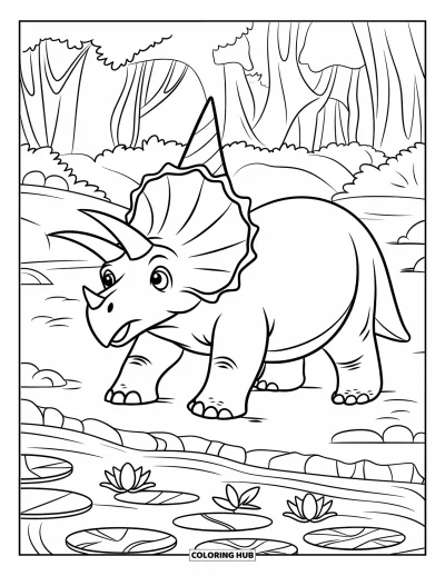 Coloriage de tricératops pour enfants : Un tricératops joyeux portant un chapeau de fête se promène le long d'un ruisseau en forêt