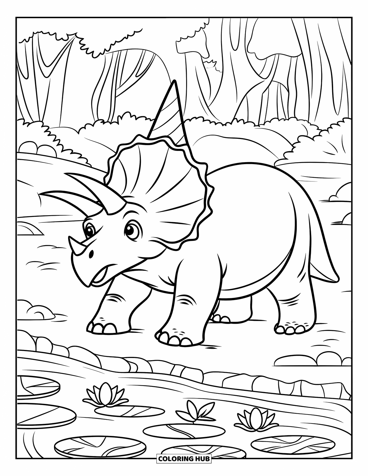 Triceratops Coloring Page for Kids: A cheerful triceratops wearing a party hat walks along a forest stream