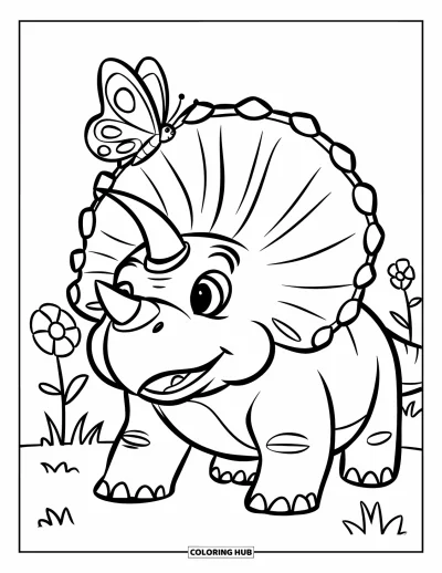Coloriage de tricératops pour enfants : Un tricératops potelé sourit tandis qu'un papillon se pose doucement sur sa corne