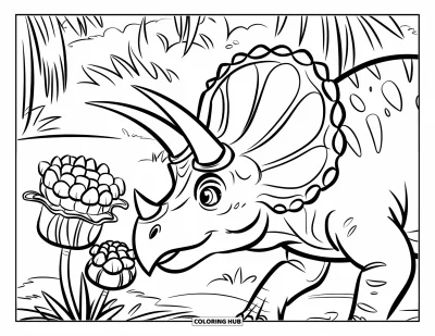 Coloriage de tricératops pour enfants : Un tricératops curieux admire des fleurs de jungle aux pétales en couches avec un regard serein