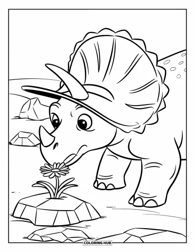Coloriage de tricératops pour enfants : Un tricératops curieux avec un large chapeau renifle une fleur qui pousse d'un rocher fissuré
