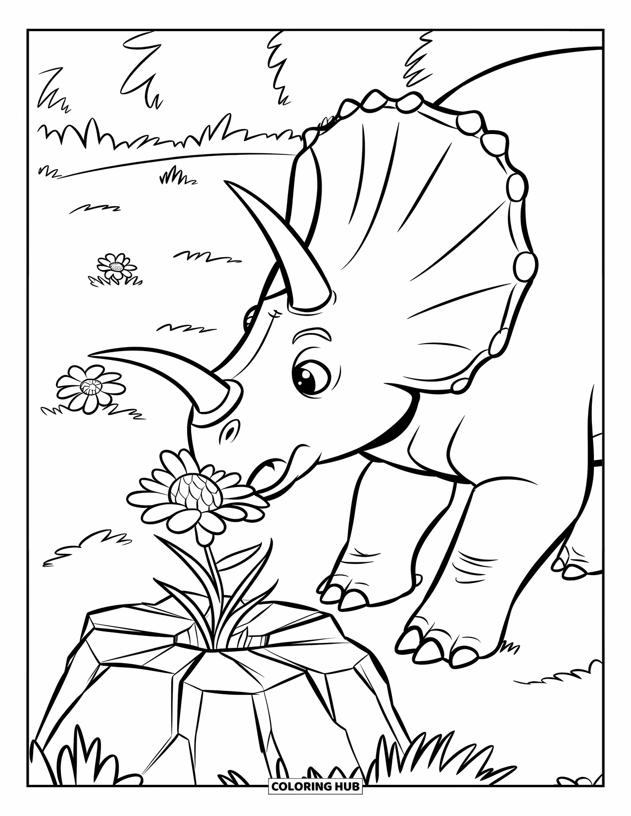 Triceratops Coloring Page for Kids: A curious triceratops with three horns sniffs a flower growing in a grassy field