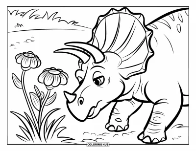 Coloriage de tricératops pour enfants : Un tricératops amical hume des fleurs préhistoriques détaillées dans un vaste champ herbeux