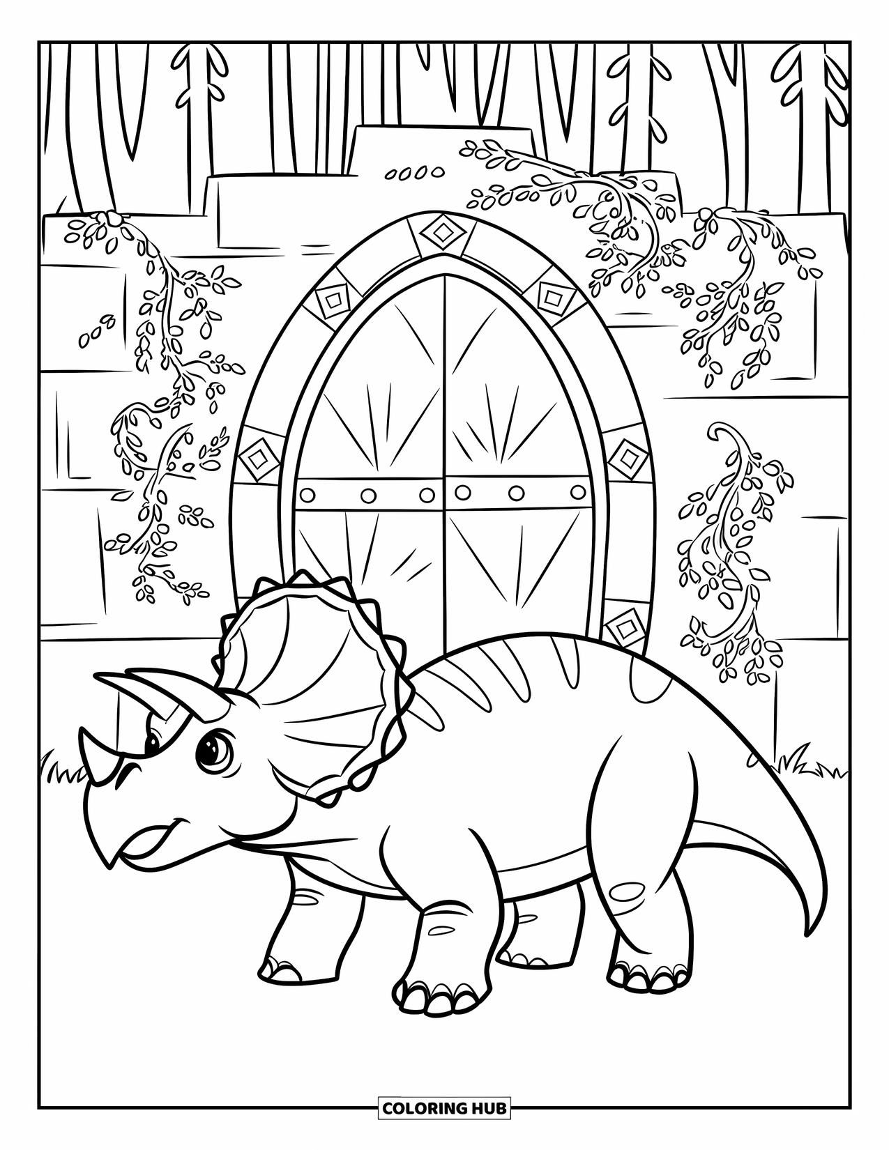 Triceratops Coloring Page for Kids: A friendly triceratops stands before a giant arched stone gate draped in forest vines