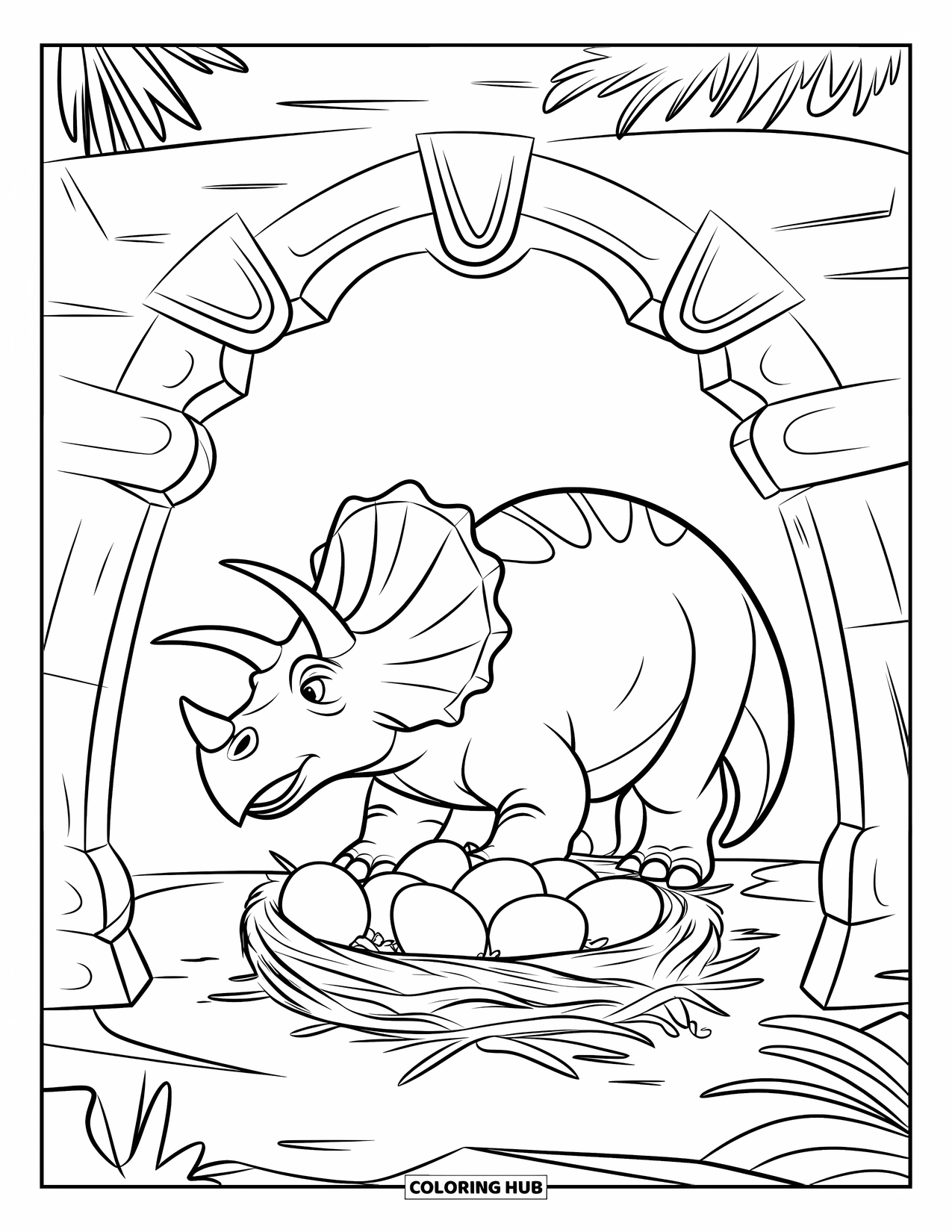 Triceratops Coloring Page for Kids: A gentle triceratops guards its eggs under a carved stone arch with plants nearby