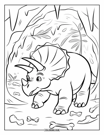 Coloriage de tricératops pour enfants : Un tricératops paisible se repose dans une grotte remplie de fossiles et d'ossements
