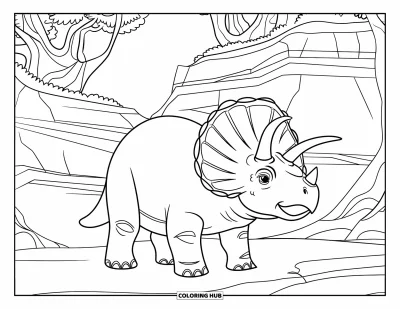 Coloriage de tricératops pour enfants : Un tricératops bienveillant se dresse parmi des falaises et des arbres anciens sur un terrain rocheux