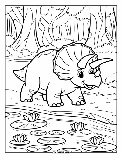 Coloriage de tricératops pour enfants : Un tricératops heureux avec un chapeau marche le long d'un ruisseau forestier avec des nénuphars