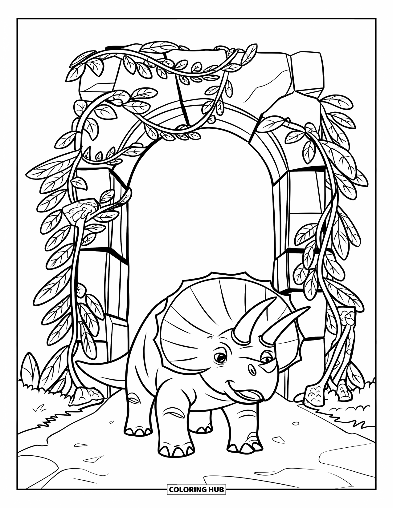 Triceratops Coloring Page for Kids: A happy triceratops poses near a massive vine-covered gate in the forest