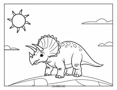 Coloriage de tricératops pour enfants : Un tricératops heureux se dresse fièrement sur une colline sous un ciel ensoleillé