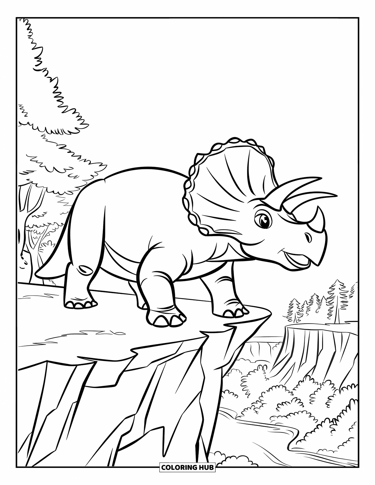 Triceratops Coloring Page for Kids: A majestic triceratops stands on a cliff, looking out over a forest valley