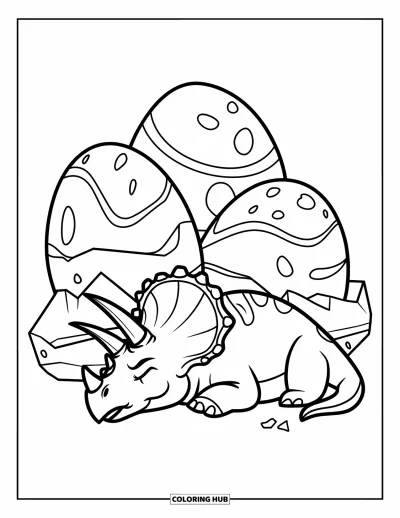 Coloriage de tricératops pour enfants : Un tricératops paisible somnole à côté d'œufs de dinosaure dont certains commencent à se fissurer