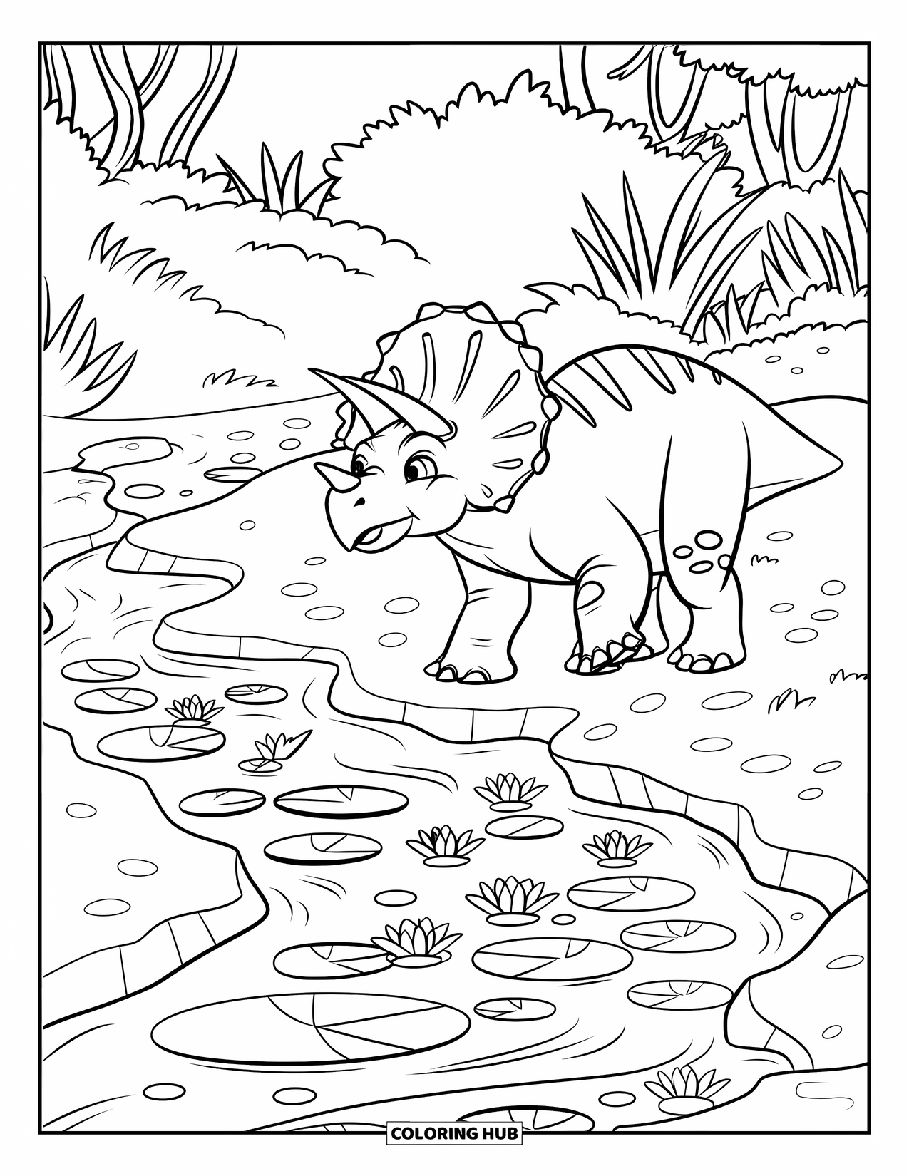 Triceratops Coloring Page for Kids: A peaceful triceratops strolls beside a bubbling stream in a leafy forest
