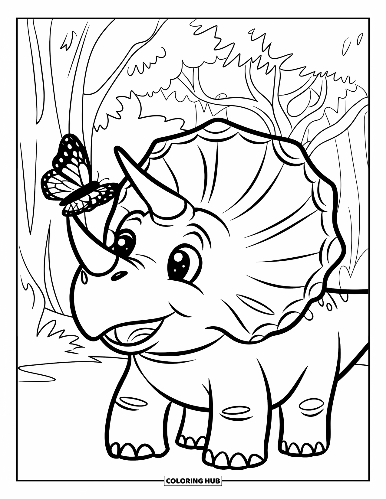 Triceratops Coloring Page for Kids: A playful triceratops watches a butterfly perched on its horn in a forest