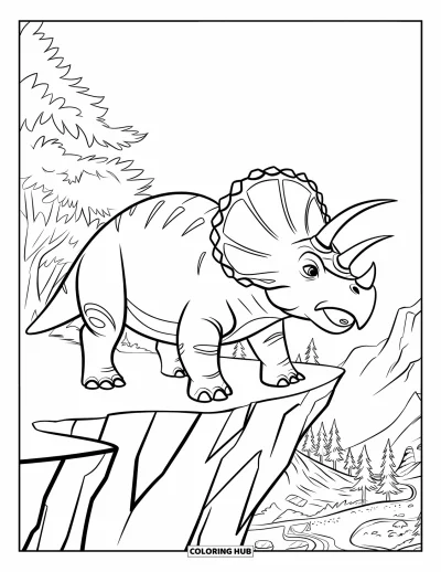 Coloriage de tricératops pour enfants : Un tricératops puissant domine les arbres et les montagnes depuis une haute falaise