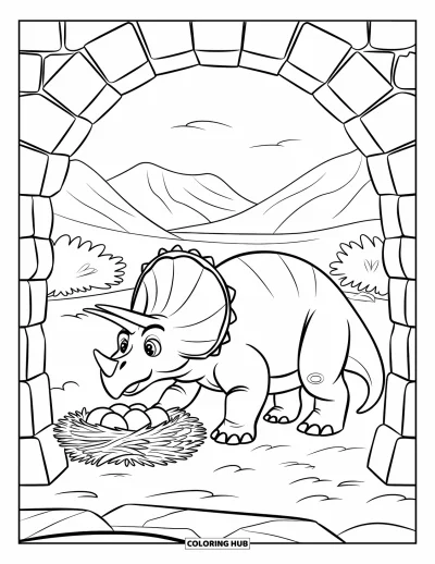Coloriage de tricératops pour enfants : Un tricératops protecteur veille sur des œufs sous une arche rocheuse dans la nature sauvage