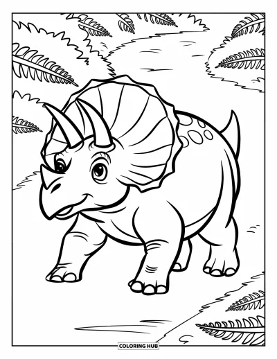 Coloriage de tricératops pour enfants : Un tricératops fier avance sur un sentier préhistorique bordé de fougères