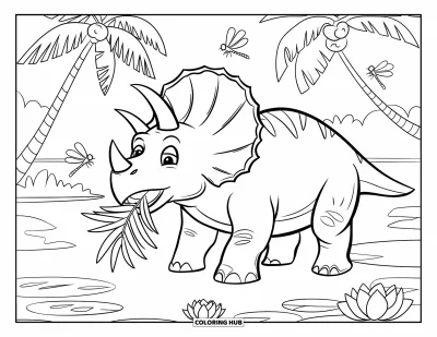 Coloriage de tricératops pour enfants : Un tricératops détendu profite de feuilles de palmier et de libellules bourdonnantes au bord d'un lac