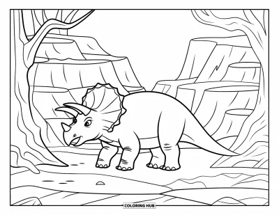Coloriage de tricératops pour enfants : Un tricératops détendu se tient près de falaises fissurées et de grands arbres anciens