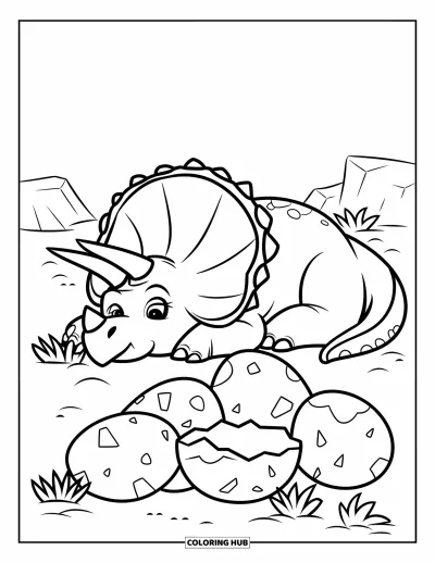 Coloriage de tricératops pour enfants : Un tricératops souriant se repose près de grands œufs et de plantes feuillues