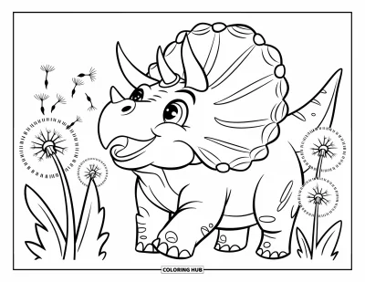 Coloriage de tricératops pour enfants : Un tricératops souriant envoie voler des aigrettes de pissenlit dans la brise