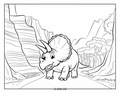 Coloriage de tricératops pour enfants : Un tricératops souriant chemine sur un sentier de montagne sous un ciel dégagé