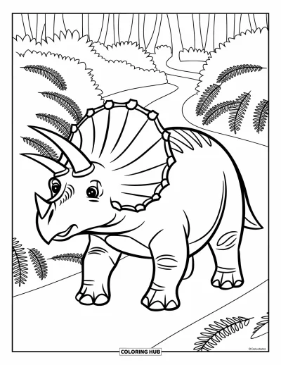 Coloriage de tricératops pour enfants : Un tricératops souriant chemine sur un sentier sinueux bordé de fougères