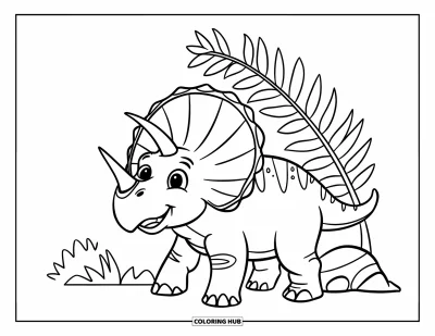Coloriage de tricératops pour enfants : Un tricératops souriant agite sa queue à côté d'une grande feuille de fougère