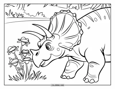 Coloriage de tricératops pour enfants : Un tricératops renifle délicatement des fleurs préhistoriques en spirale dans un champ herbeux
