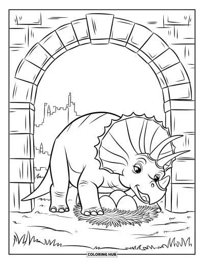Coloriage de tricératops pour enfants : Un tricératops garde un nid d'œufs sous une arche de pierre avec un château au loin