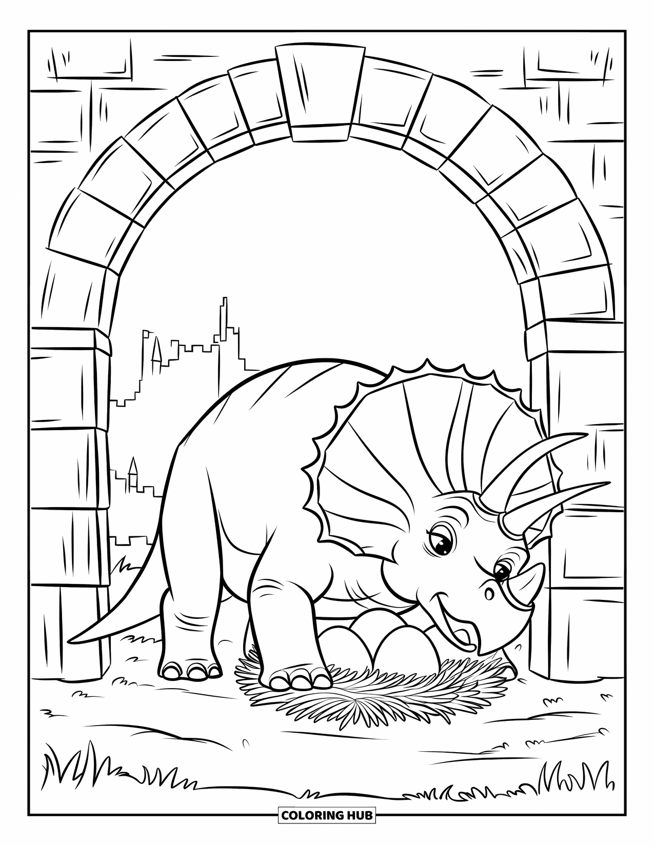 Triceratops Coloring Page for Kids: A triceratops guards a nest of eggs beneath a stone arch with a distant castle