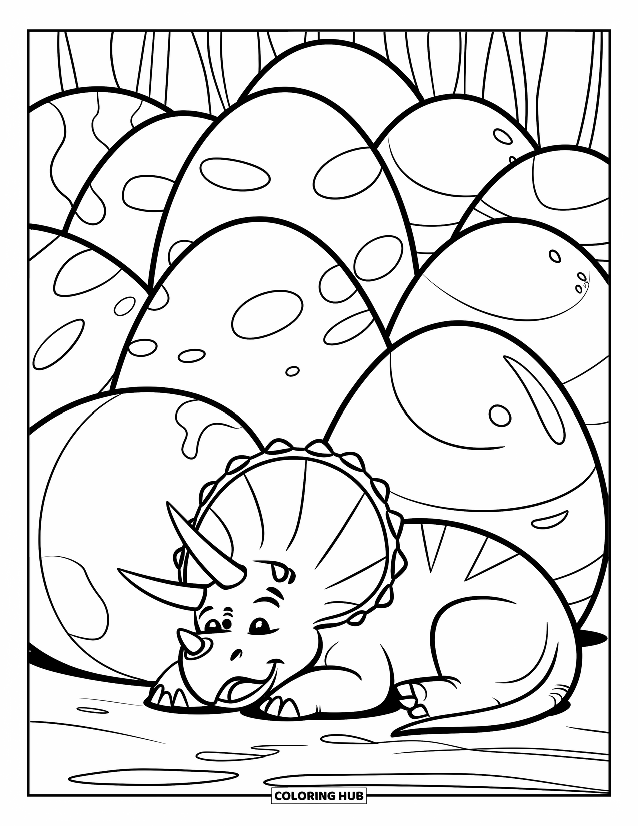 Triceratops Coloring Page for Kids: A triceratops in a little hat sleeps near big dinosaur eggs
