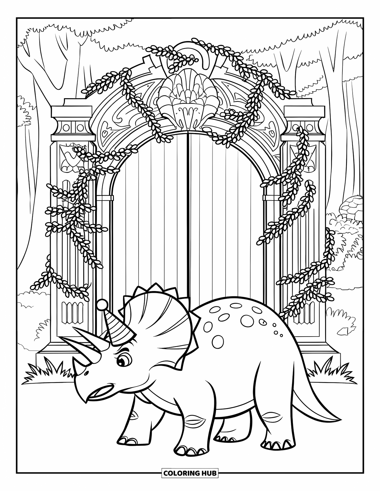 Triceratops Coloring Page for Kids: A triceratops in a party hat stands near a vine-covered stone gate in the forest