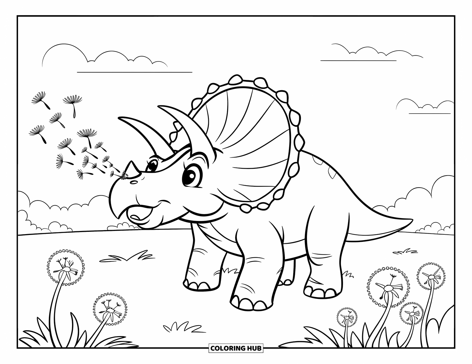 Triceratops Coloring Page for Kids: A triceratops joyfully blows dandelion fluff into the air