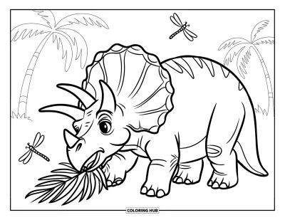 Coloriage de tricératops pour enfants : Un tricératops grignote des feuilles de palmier en observant des libellules virevolter