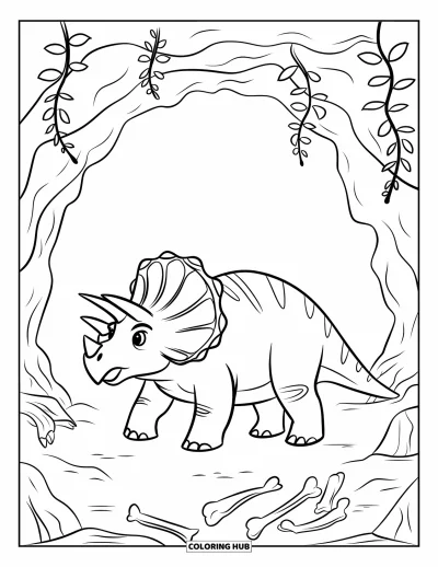 Coloriage de tricératops pour enfants : Un tricératops se prélasse dans une grotte entourée de vieux fossiles et d'ossements