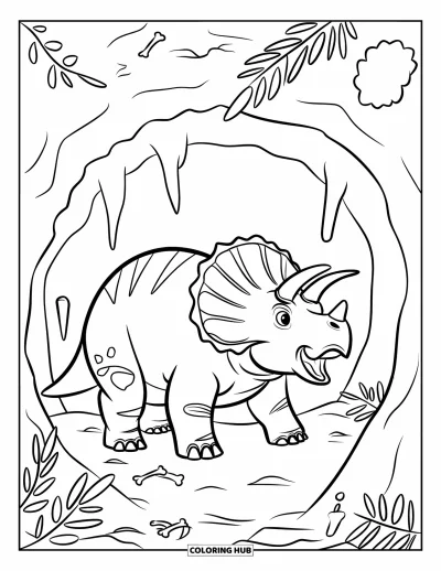 Coloriage de tricératops pour enfants : Un tricératops se tient dans une caverne chaleureuse entourée d'ossements et de formes de fossiles