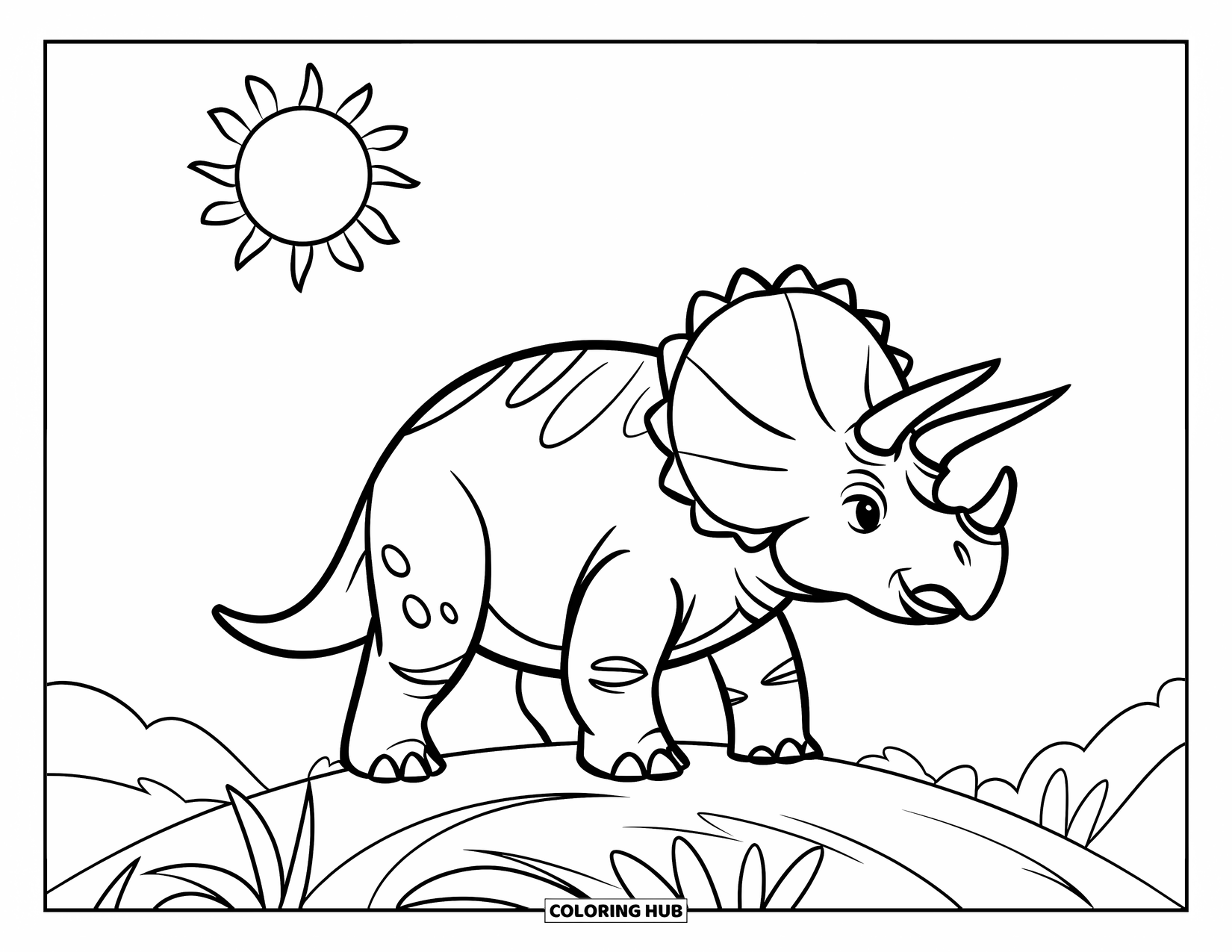 Triceratops Coloring Page for Kids: A triceratops with big horns stands on a grassy hill under the sun