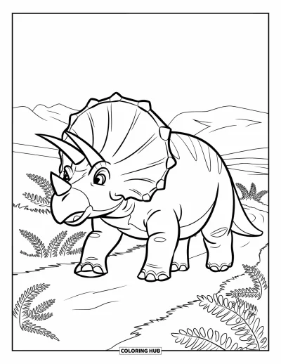 Coloriage de tricératops pour enfants : Un tricératops aux cornes bien marquées avance fièrement sur un sentier de montagne tapissé de fougères