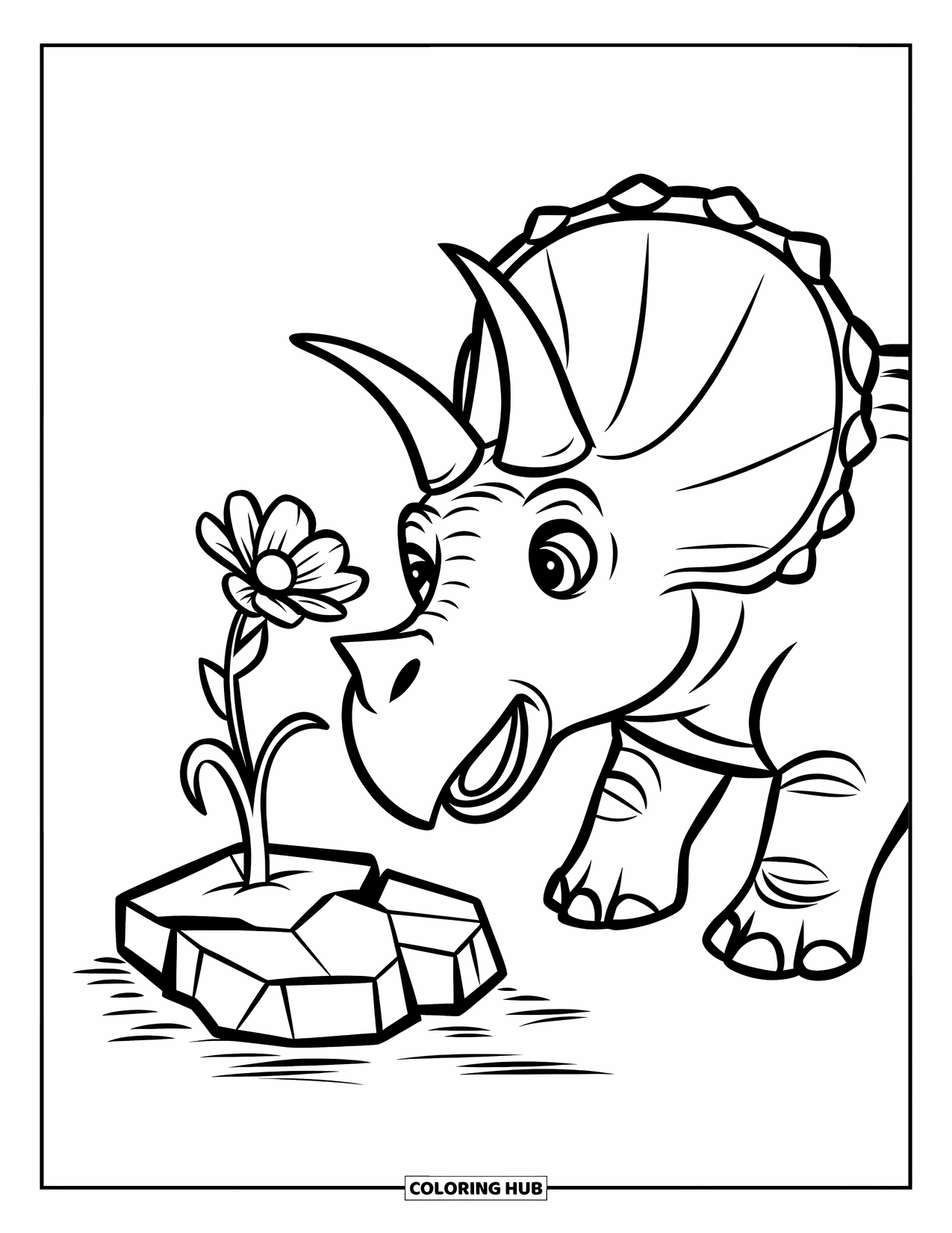 Triceratops Coloring Page for Kids: A triceratops with wide eyes sniffs a blooming flower from a cracked rock